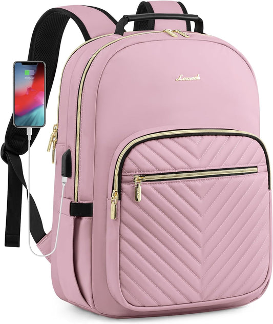 LOVEVOOK Laptop Backpack for Women, Travel Computer Work Bags with 17-inch Laptop Compartment, College School Student Bag Teen Backpacks For Girls, Outdoor Carry On Backpack Purse, Light Pink
