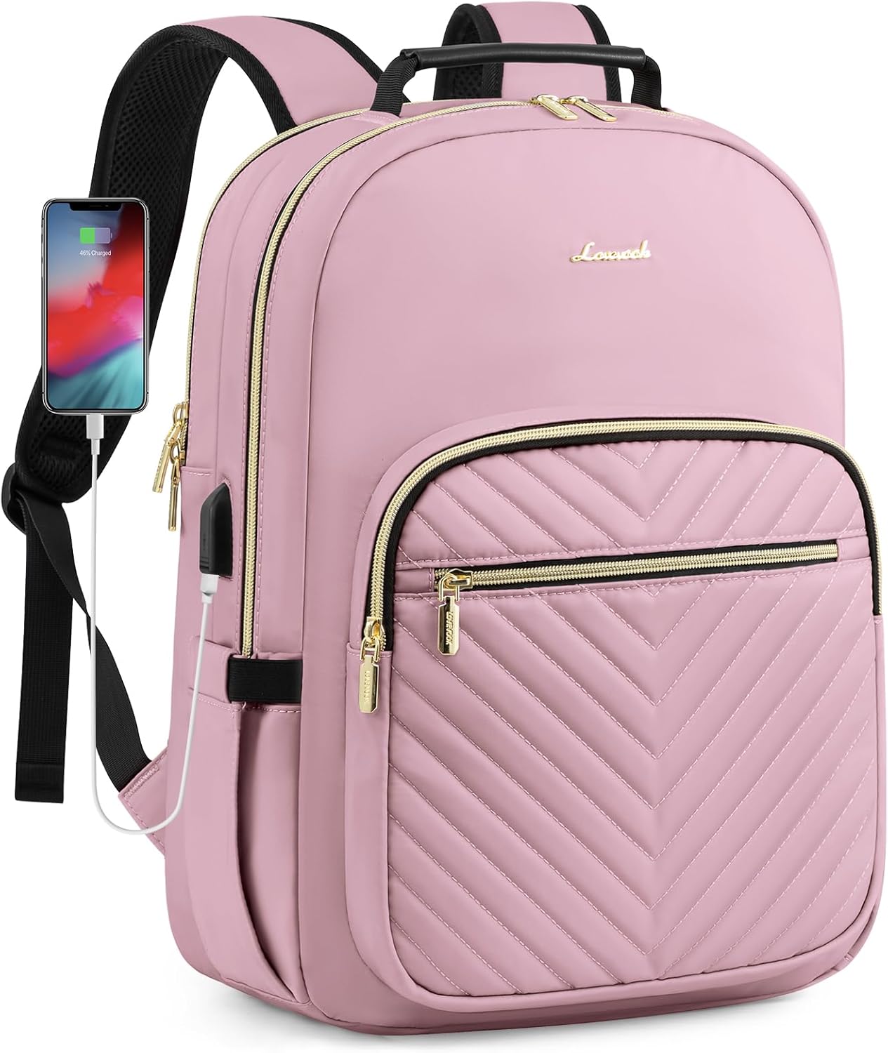LOVEVOOK Laptop Backpack Purse for Women, Work Travel Computer Bags, College School Backpack for Student Girl, Quilted Casual Daypack with USB Port, Fit 15.6 Inch Laptop, Light Pink