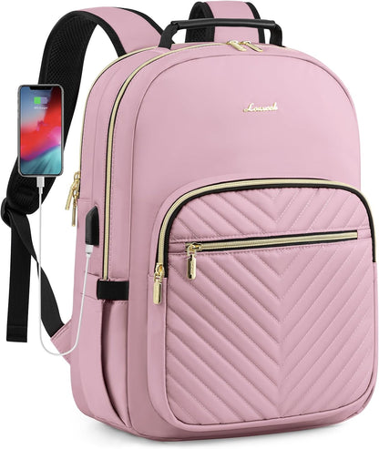 LOVEVOOK Laptop Backpack Purse for Women, Work Travel Computer Bags, College School Backpack for Student Girl, Quilted Casual Daypack with USB Port, Fit 15.6 Inch Laptop, Light Pink