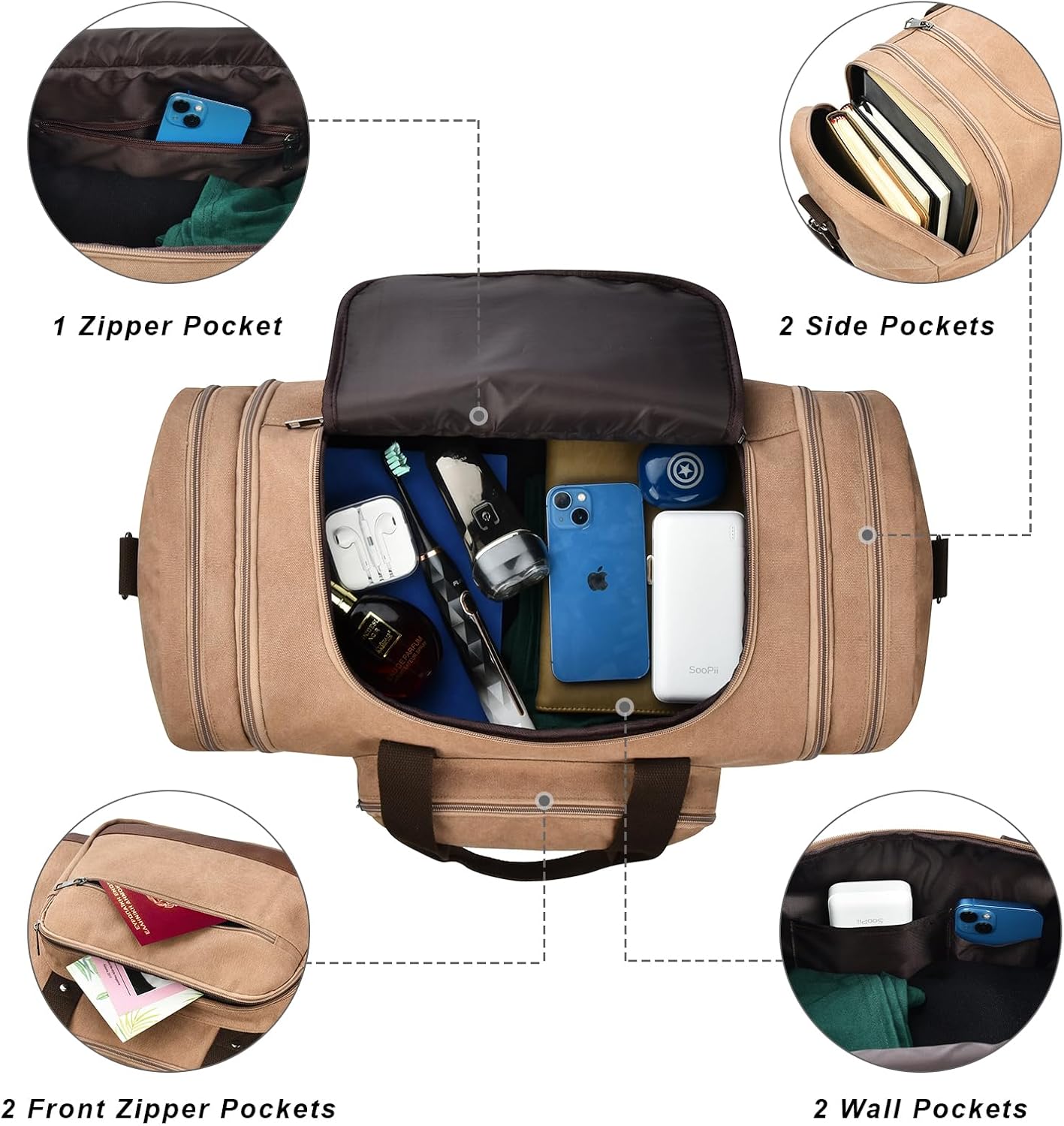 Litvyak Duffle Bag for Travel, Large 60L Canvas Travel Duffel Bags Overnight Weekend Gym Carry On Luggage Bag for Men & Women(Coffee)