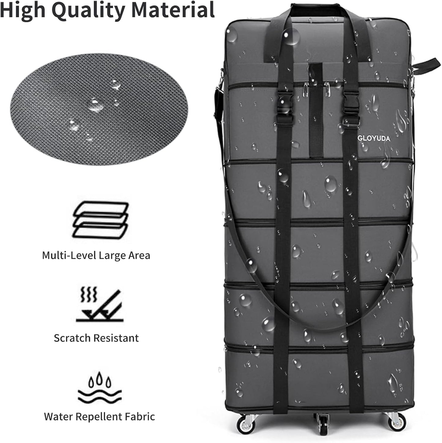 Expandable Foldable Luggage, 42'' Suitcase With Spinner Wheels, Rolling Duffle Bag with Wheels and Handle, Collapsible Luggage, With 2 Handle Wrap and 2 Fixing Straps, 1 Shoulder Strap (Grey)