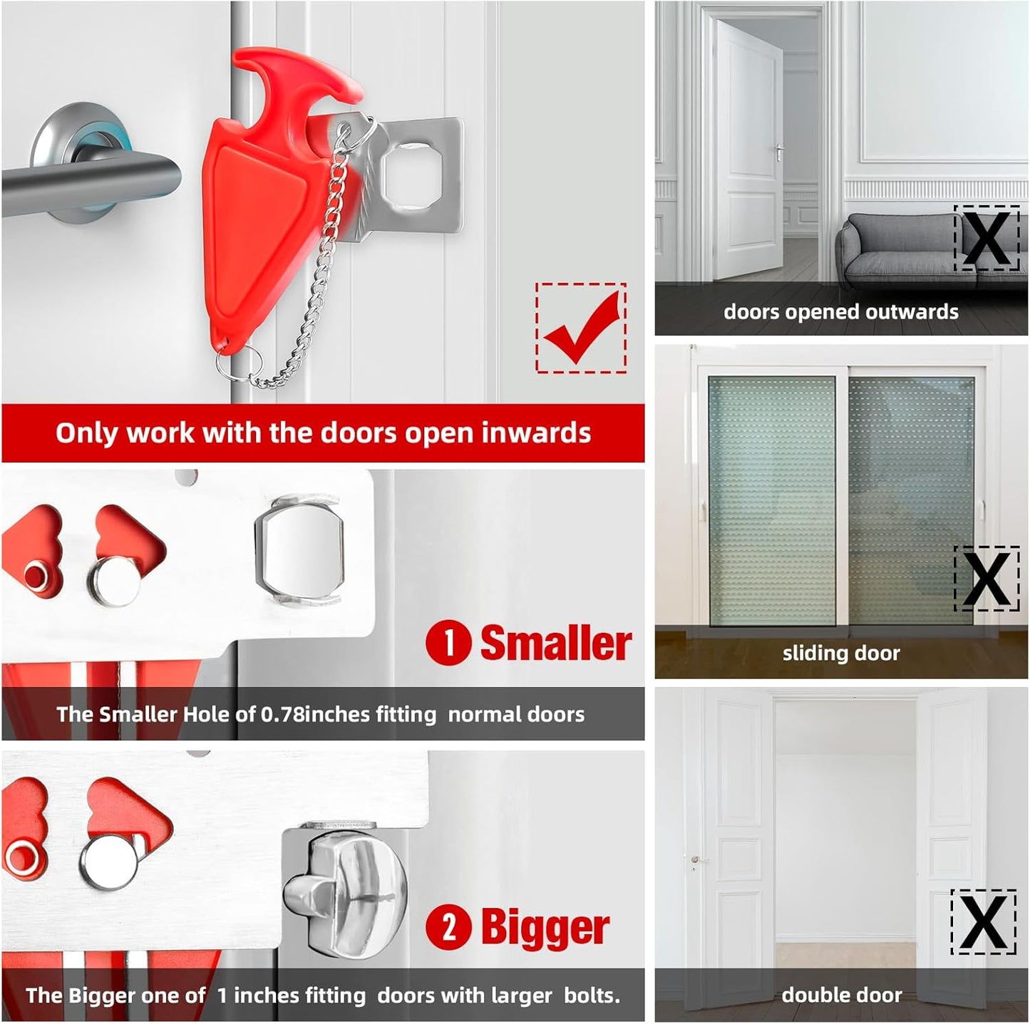 Portable Door Stop Alarm and Traveling Hotel Door Lock, No Installation Required, Provides Double Security for Home, Hotel and Traveling (2 Door Lock + 2 Door Stop)