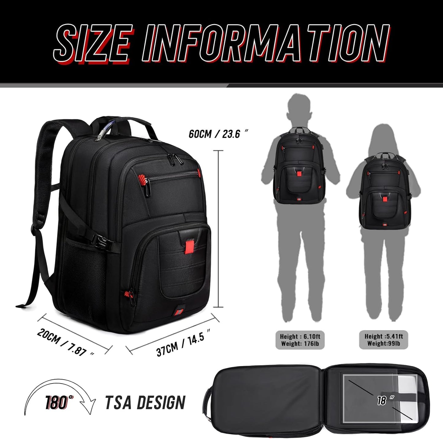 Z-MGKISS 18.4 Large Travel Backpack, USB Computer Bagpack Fits 18.4 Inch Laptop, Business Backpack for Men, TSA Flight Approved, Laptop Backpacks, Black