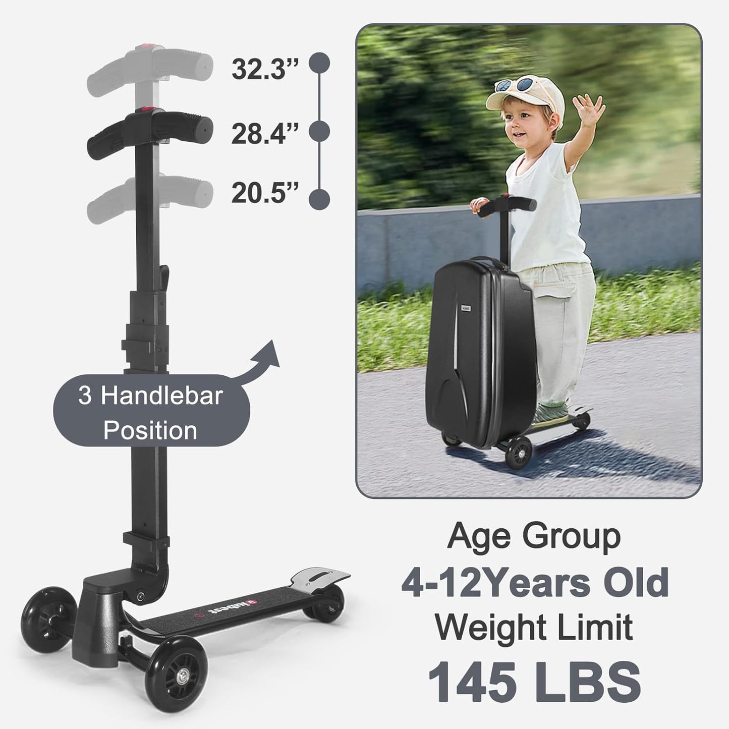 iubest Scooter Luggage Carry On Scooter Suitcase for Kids Age 4-15, Detachable & Foldable 4 in 1 Kids Suitcase, Multifunctional Ride On Travel Trolley Scooter Combo-Black