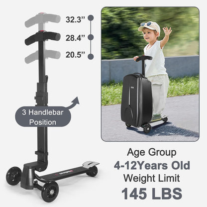 iubest Scooter Luggage Carry On Scooter Suitcase for Kids Age 4-15, Detachable & Foldable 4 in 1 Kids Suitcase, Multifunctional Ride On Travel Trolley Scooter Combo-Black