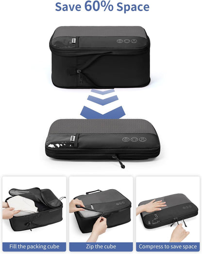 WANDF 7 Set Compression Packing Cubes for Travel, Shirt Folder for Wrinkle-Free, Suitcase Organizer Bags Set for Carry-On Checked Luggage Duffle Bag Women Men(Black)