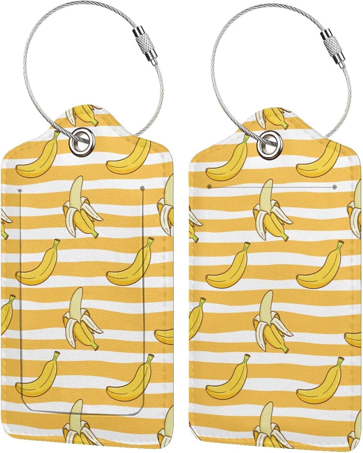 2 Packs Bananas Crew Luggage Tag for Adult Kids, Cute Yellow Background Fruit Suitcase Tag Labels Leather Travel Baggage Identifiers Tags with Full Back Privacy Name ID Card