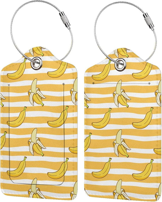 2 Packs Bananas Crew Luggage Tag for Adult Kids, Cute Yellow Background Fruit Suitcase Tag Labels Leather Travel Baggage Identifiers Tags with Full Back Privacy Name ID Card