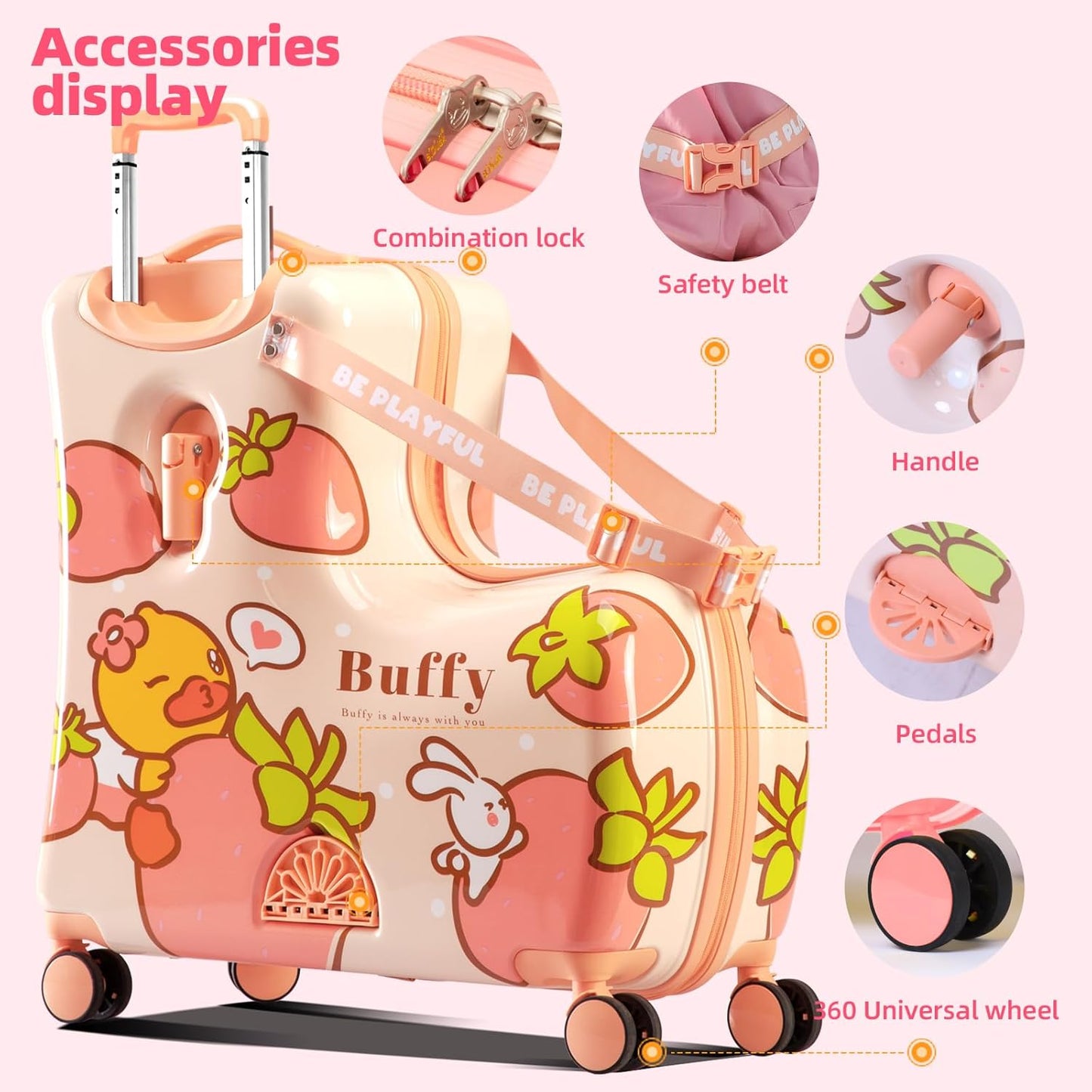 Kids' Lightweight Ride on Luggage with Spinner Wheels & Foldabe Design (Pink Strawberry, 20"+ Aged 1-3 Toddler)