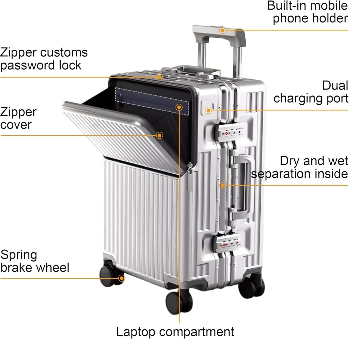 Zipperless Luggage, Polycarbonate Aluminum Hard Shell, Expandable Carry-On Suitcase with Spinner Wheels, Hard Shell Suitcase, 24 Inch Cabin
