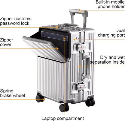Zipperless Luggage, Polycarbonate Aluminum Hard Shell, Expandable Carry-On Suitcase with Spinner Wheels, Hard Shell Suitcase, 24 Inch Cabin