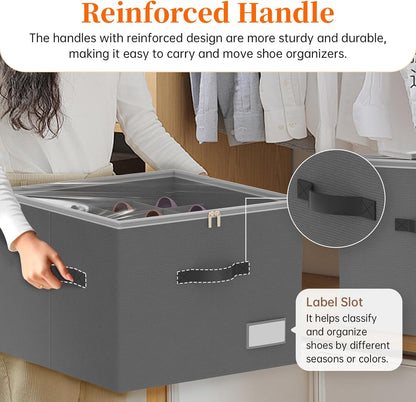 3 Pack Shoe Organizer for Closet, Foldable Shoe Storage Containers, Fits up to 24-48 Pairs, Shoe Storage Organizer Box Cubby Baskets Bins with Clear Cover and Reinforced Handles, Gray