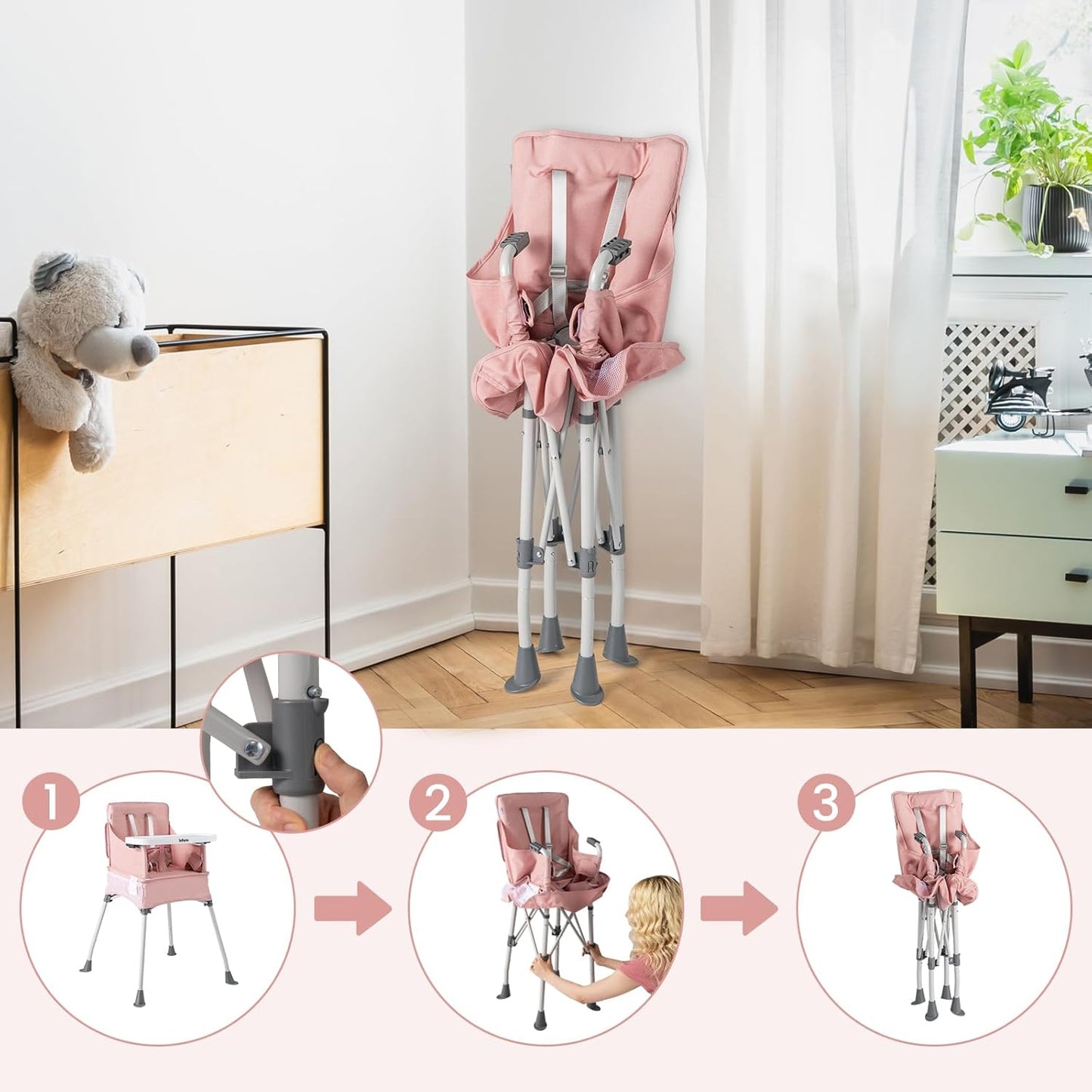 INFANS Baby High Chair, Foldable Portable Highchair for Babies and Toddlers with Travel Bag Adjustable Tray, 5 Point Harness, Compact Space Saver Infant Feeding Chair for Age 6-36 Months (Pink)