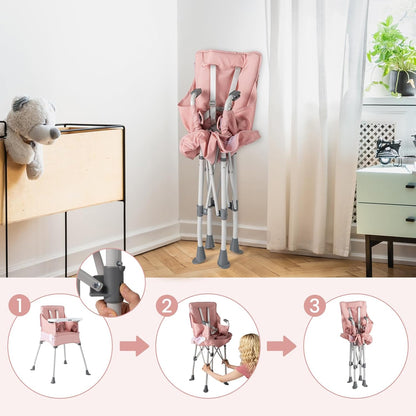 INFANS Baby High Chair, Foldable Portable Highchair for Babies and Toddlers with Travel Bag Adjustable Tray, 5 Point Harness, Compact Space Saver Infant Feeding Chair for Age 6-36 Months (Pink)