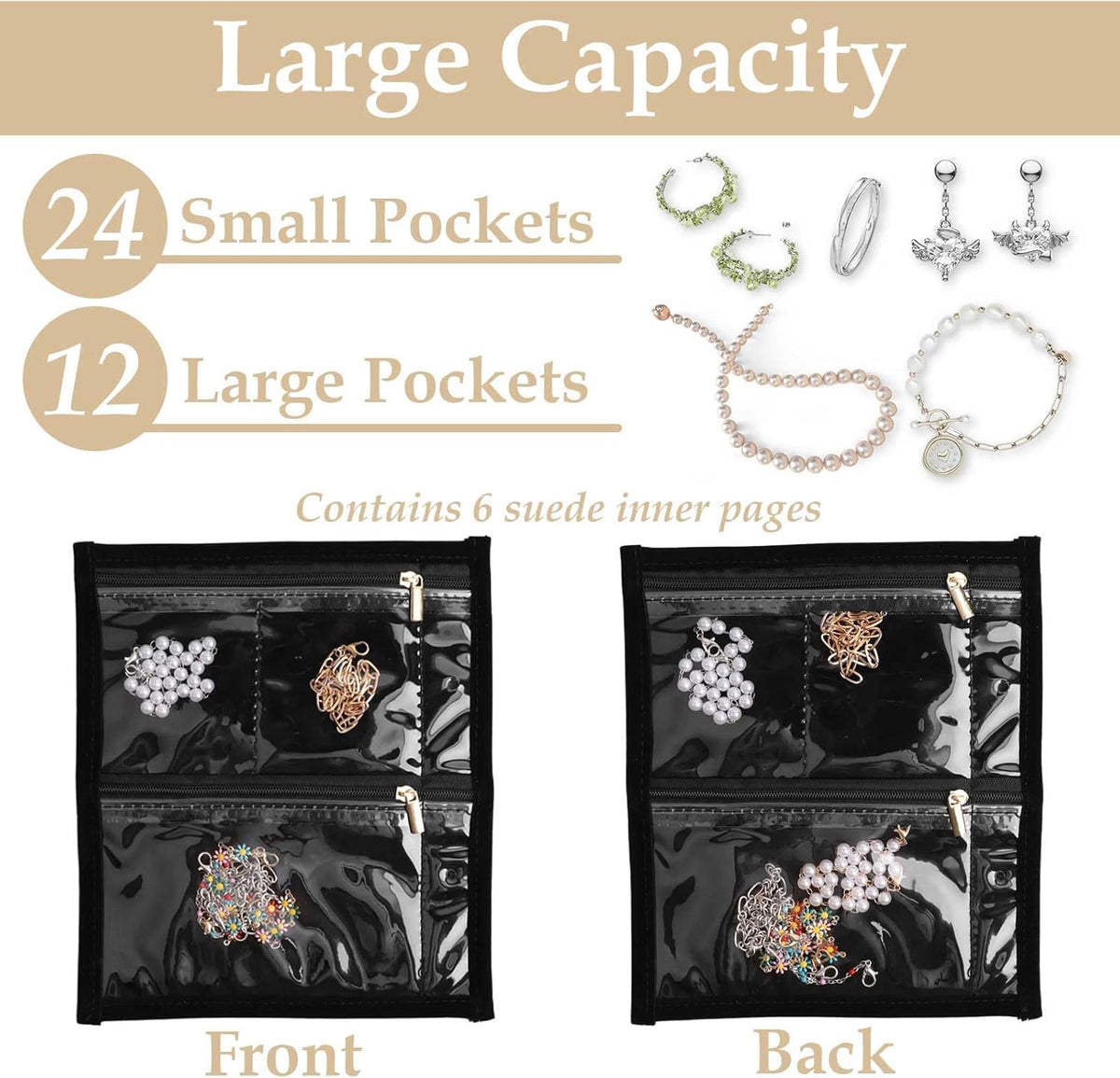 Travel Jewelry Case Organizer for Women, Jewelry Binder with 6 Clear Zipper Pouches