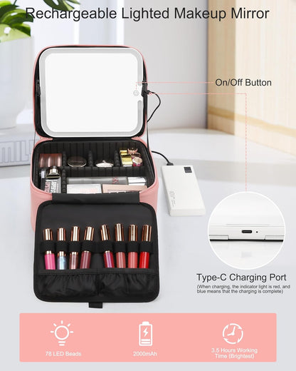 Relavel Makeup Bag with LED Mirror, Travel Makeup Case with Rechargeable Lighted Mirror 3 Color Lights, Dual Layer Cosmetic Box Makeup Brush Lipstick Holder Organizer for Women, Leather Pink