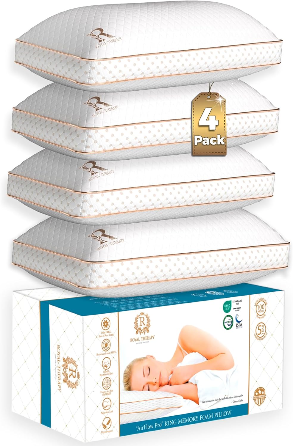 Royal Therapy Queen Memory Foam Pillows 4-Pack - Shredded Memory Foam Pillow for All Sleep Positions - Medium Firm Pillow with Adjustable Loft, Bamboo Rayon Cover, CertiPUR-US, Oeko-TEX Certified