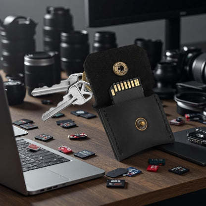 Jack&Chris Genuine Leather SD Card Holder Keychain, Anti-Shock Anti-Dust SD Card Case, Portable Camera Accessories for SD CF CFexpress Micro SD Nano SIM and Micro SIM Cards, Black 2 Packs