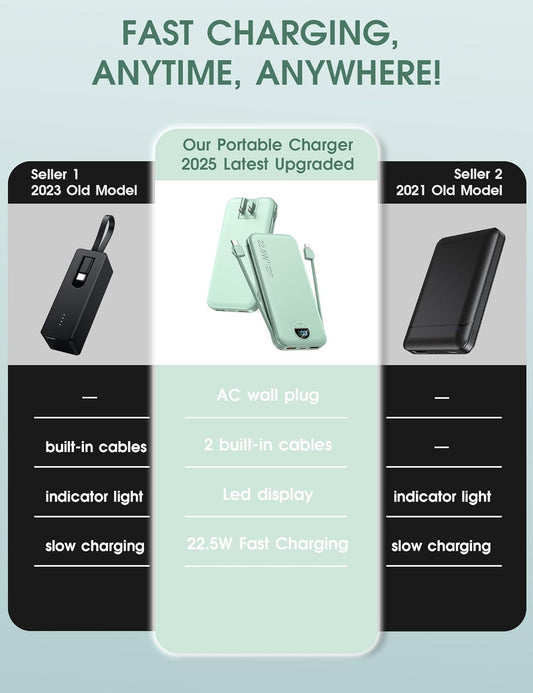 Portable Power Bank, 12000mAh 22.5W Phone Charger with Built-in Cables and Wall Plug, USB C Fast Charging Battery Bank with Smart LED Display, External Battery Pack for iPhone, iPad, Samsung etc Green