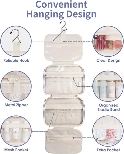 Narwey Striped Hanging Toiletry Bag for Women Travel Makeup Bag Organizer Toiletries Bag for Travel Size Essentials Accessories Cosmetics (Greyish Blue Stripe (Medium))