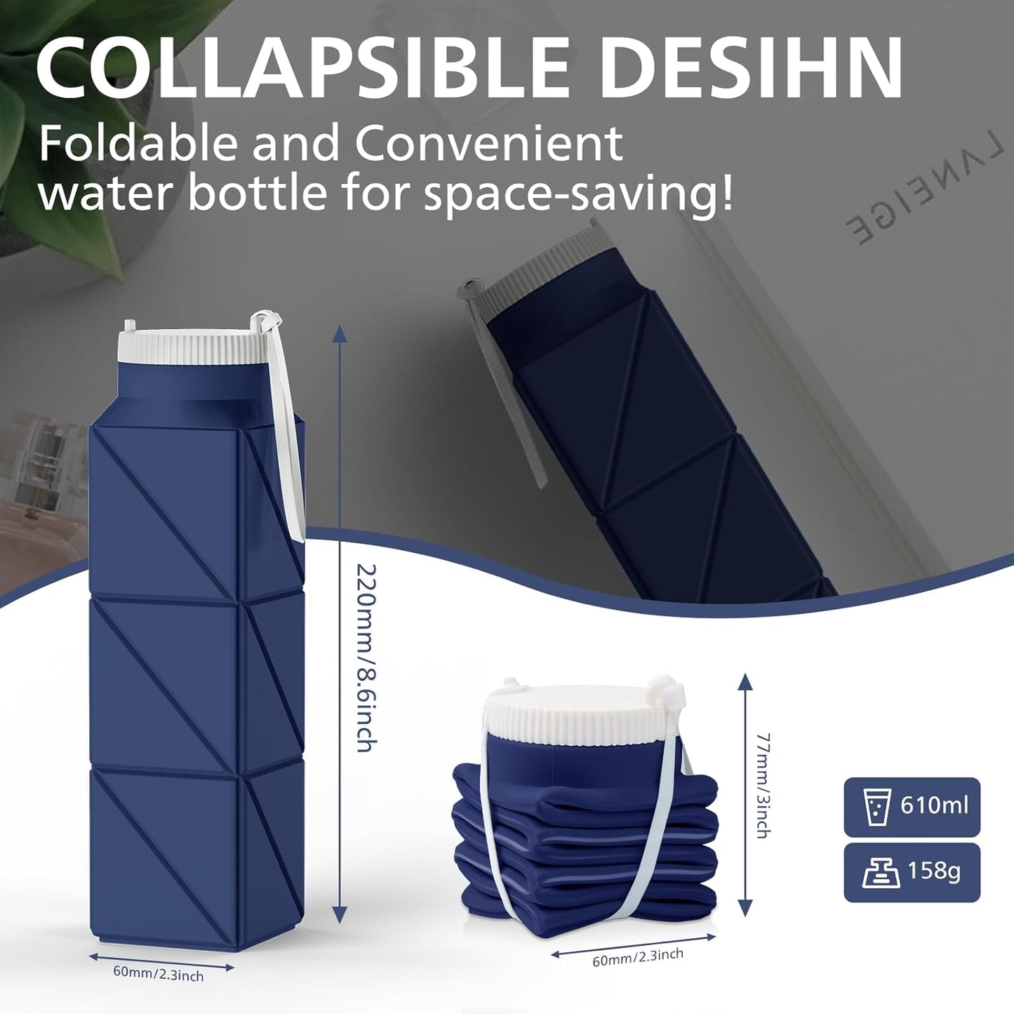 610ml Collapsible Water Bottles Upgrade Foldable Water Bottle BPA Free Reusable Lightweight LeakProof Silicone Water Bottles 20.6oz for Travel Hiking Office Camping Outdoor Sport Dark Blue