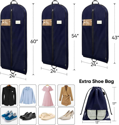 BALEINE 5PK Heavy Duty Garment Bag with Shoe Storage Travel Bag for Dresses, Suit, Coats Travel Essential (60", Blue)