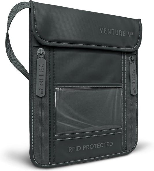 VENTURE 4TH Passport Holder Neck Wallet with RFID Blocking Nylon Lining - Hidden Neck Pouch for Travel (Sleek Gray)
