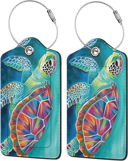 Sea Turtle Leather Luggage Tag with Stainless Steel Ring, Fun Name Id Card Cover Travel Bag Tag Set, Suitable for Travel Bag Luggage Women Men 4 PCS