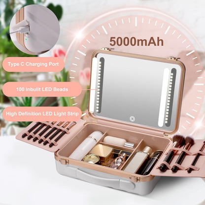 Mocado Travel Makeup Case with Lighted Mirror, 8 Makeup Brushes & 10x Magnifying Mirror, Cosmetic Case with Adjustable Brightness, White