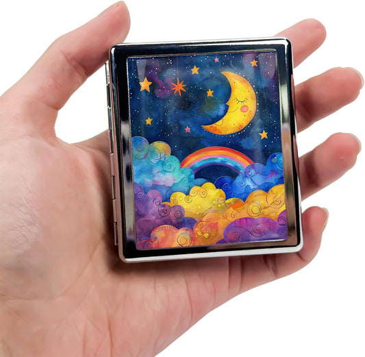 8‑Compartment Metal Pill Box Organizer – Portable Medicine Case 3″×2.6″ | Food‑Grade Dividers | Secure Snap Button Lid | Travel & Gift for Seniors (Dreamy Moon and Rainbow Skies)