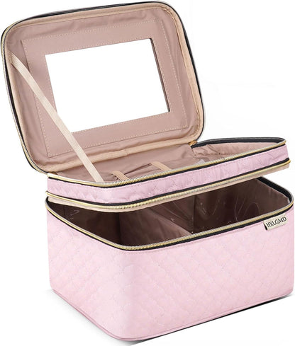 Large Makeup Bag with Mirror Double Layer Travel Make Up Organizer Case, Large Capacity Coemetic with Brush Slot Divider, Travel Toiletry Bag for Women (Pink)