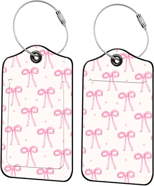 Luggage Tags for Suitcases, 2-Pack PU Leather for Cruise & Travel, Baggage ID Tags with Privacy Cover & Address Card, Durable Metal Ring, Kids Adults Travel Accessories, Blush Bows