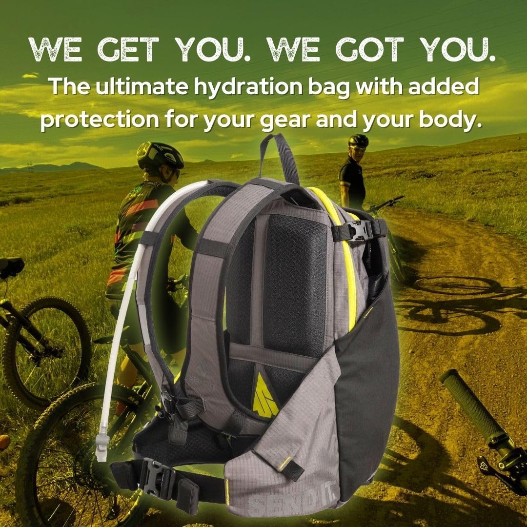 Send It Defender 15 Hydration Backpack - MTB, Moto Bag with Spine Protector for Men and Women. 15L Capacity Mountain Bike Hydration Pack - Mountain Bike Protective Gear – Adjustable Fit for Everyone