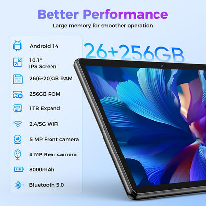 Android Tablet with Keyboard, 26GB RAM, 256GB ROM(1TB Expand), 10.1 inch Android 14 Tablet, 8000mAh Battery, BT 5.0, GMS Certified, 2.4G&5G WiFi, 2 in 1 Tablets with Mouse, Case, Stylus(Green)