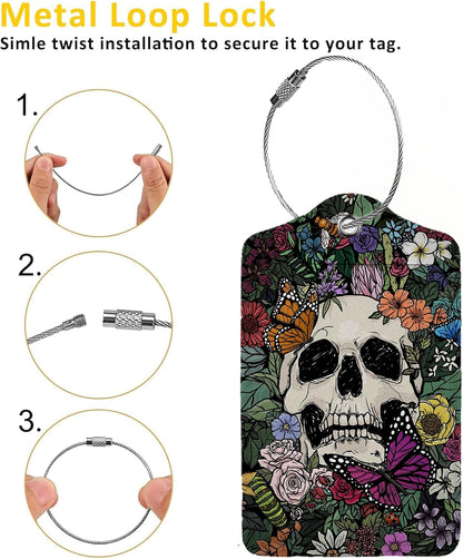Skull and Colorful Flower Luggage Tags for Suitcases,2 Pack Luggage Tag, Leather Stainless Steel Loop Label Tag for Women Girl Travel Bag Suitcase