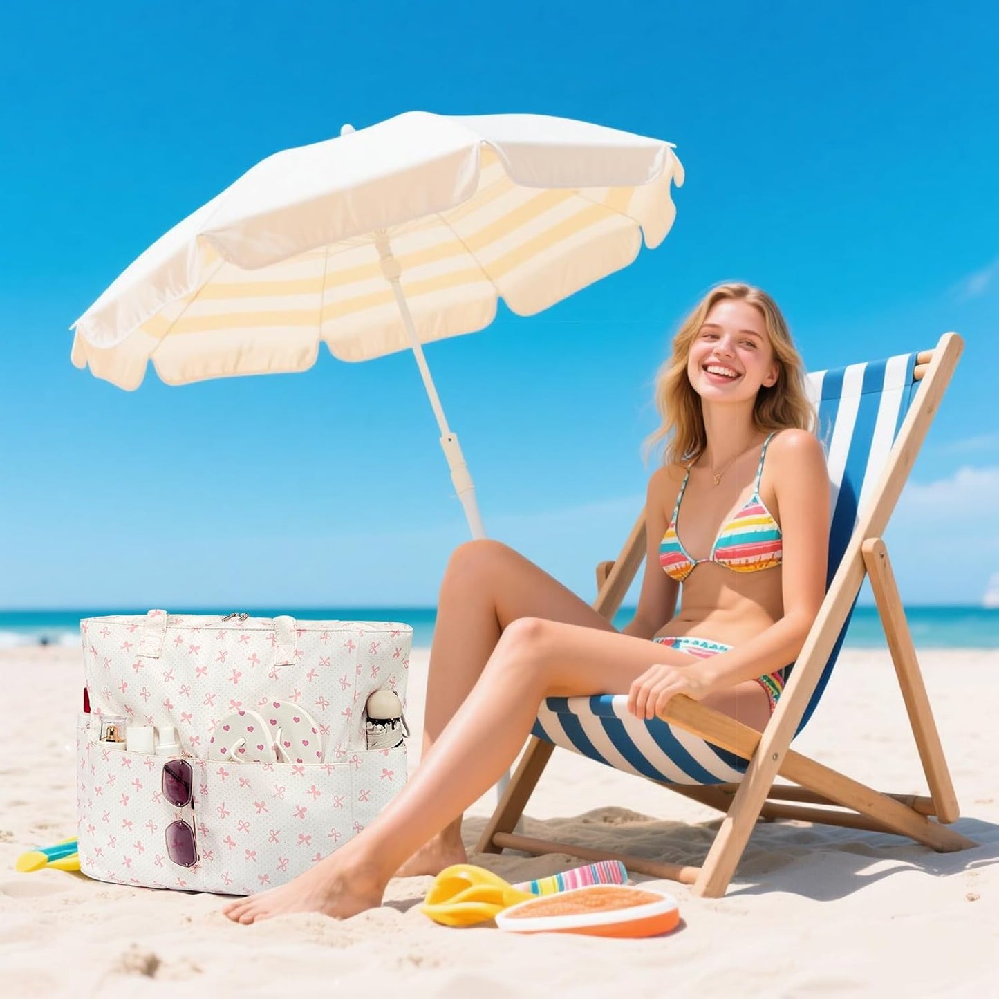 LEDAOU Beach Bag Waterproof Sandproof Women Tote Bag Pool Bag with Zipper for Gym Grocery Travel with Wet Pocket