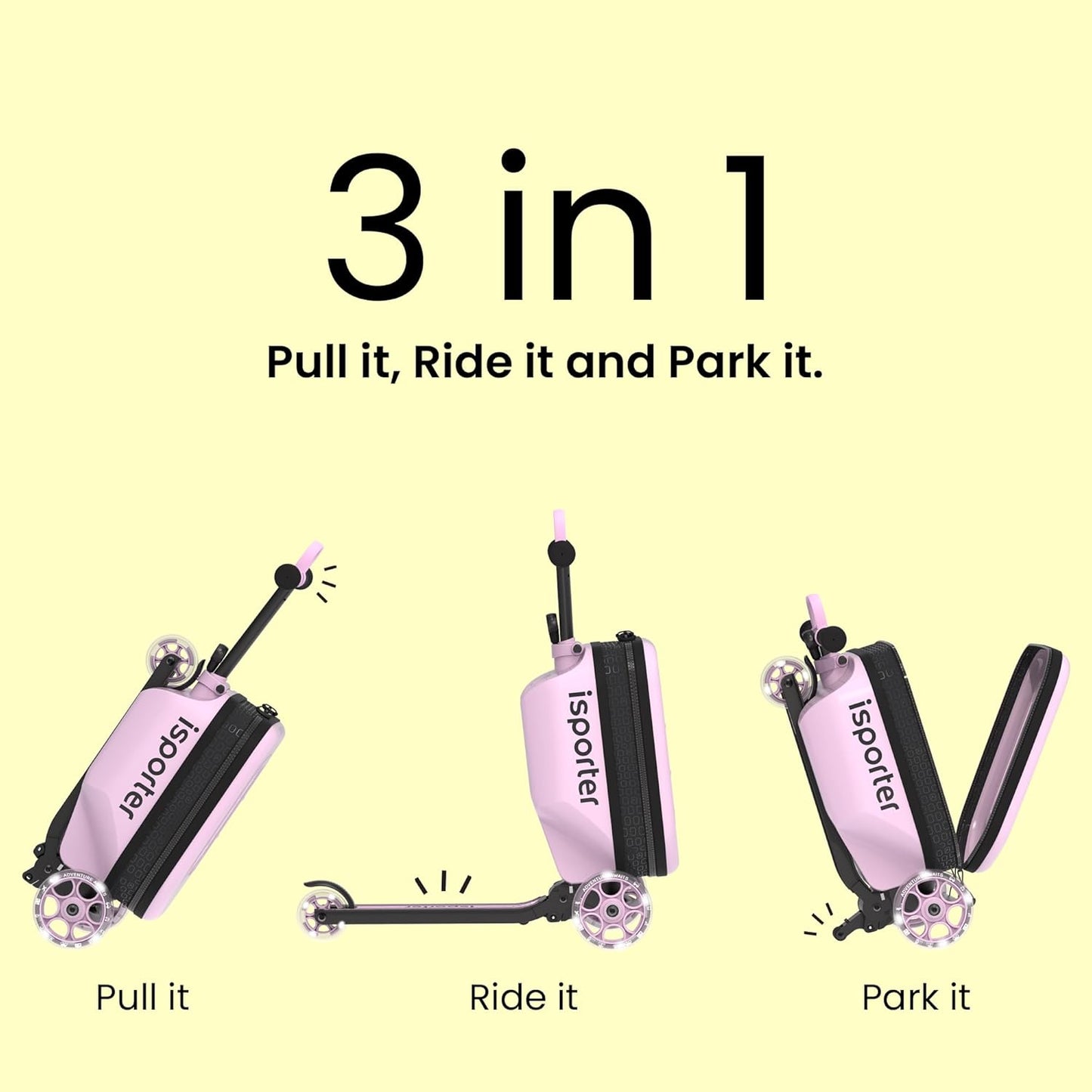 iSporter Luggage Scooter for Kids Ages 2-5 | Ride-On Suitcase Scooters for Boys Girls | Foldable & Height Adjustable, 110lbs Max