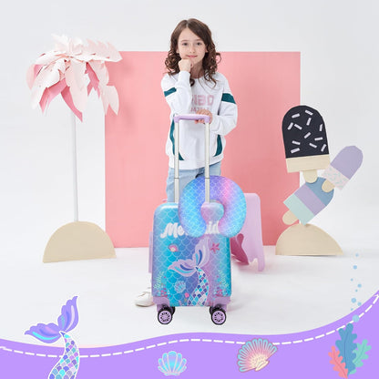 Cute Mermaid Kids Luggage Set 2 piece Kids Suitcase with Spinner Wheels 16" Childrens Luggage for Girls With Wheels Hard Shell Luggage Sets Airline Approved