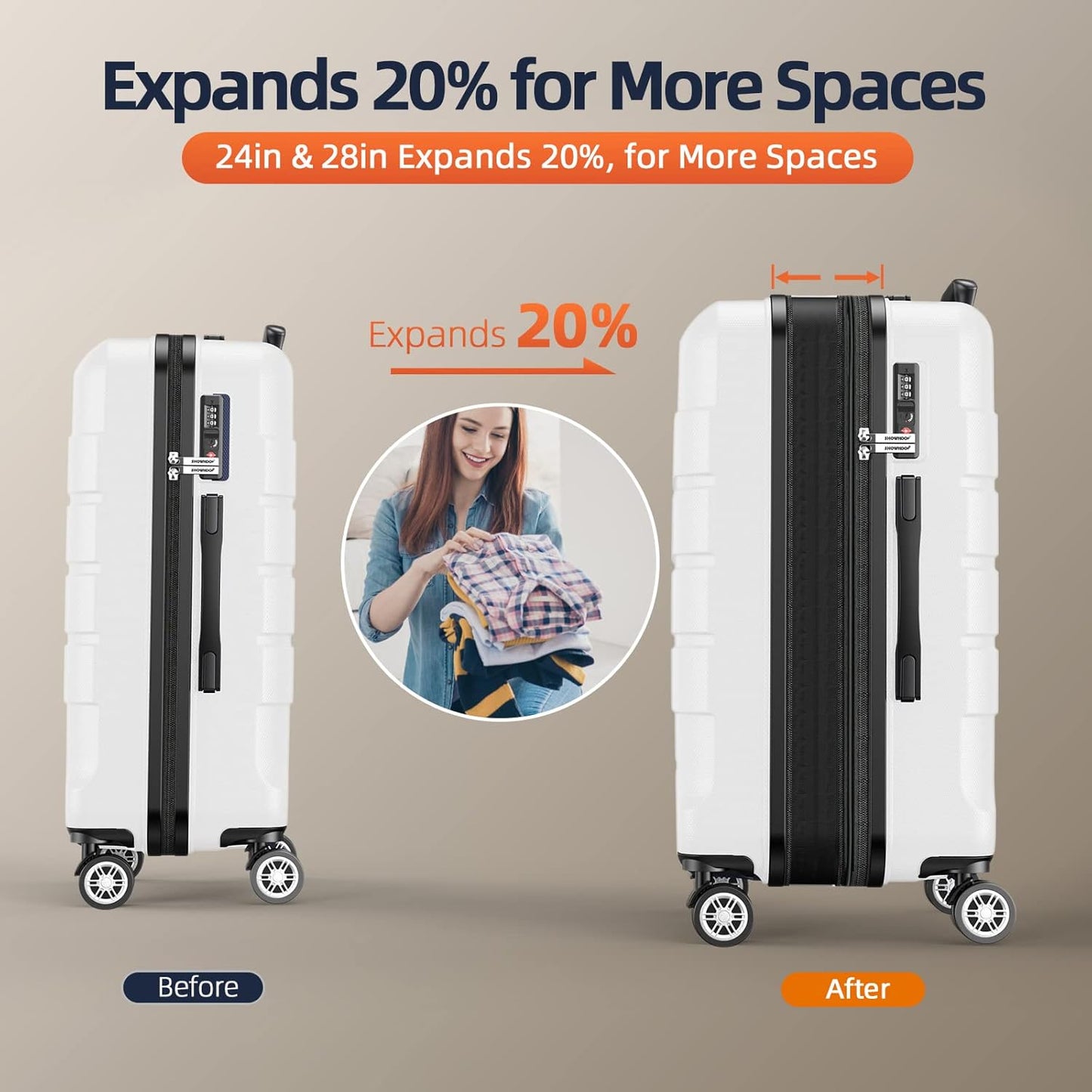 SHOWKOO Luggage Sets Expandable PC+ABS Durable Suitcase Sets Double Wheels TSA Lock White 3pcs