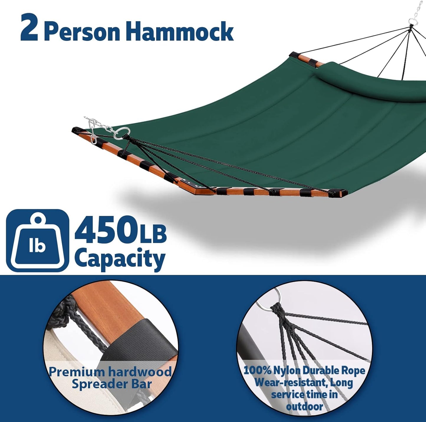 12FT 2 Person Hammock TegerDeger Large Hammock 450LB Capacity with V Shaped Hardwood Spreader Bar & Nylon Rope for Outside, Patio, Garden, Backyard, Beach, Poolside - Dark Green