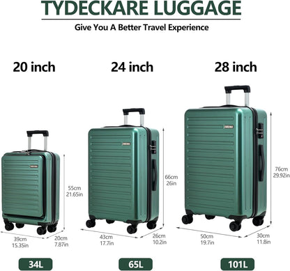 3Pcs (20/24/28) Luggage Set, HardShell Lightweight, Only 20" with Front Pocket, 21.65*15.35*7.87" Fits Overhead Cabin, 24" (26*17.7*10.2") and 28" (19.68*11.81*29.92") Checked Luggage, Green