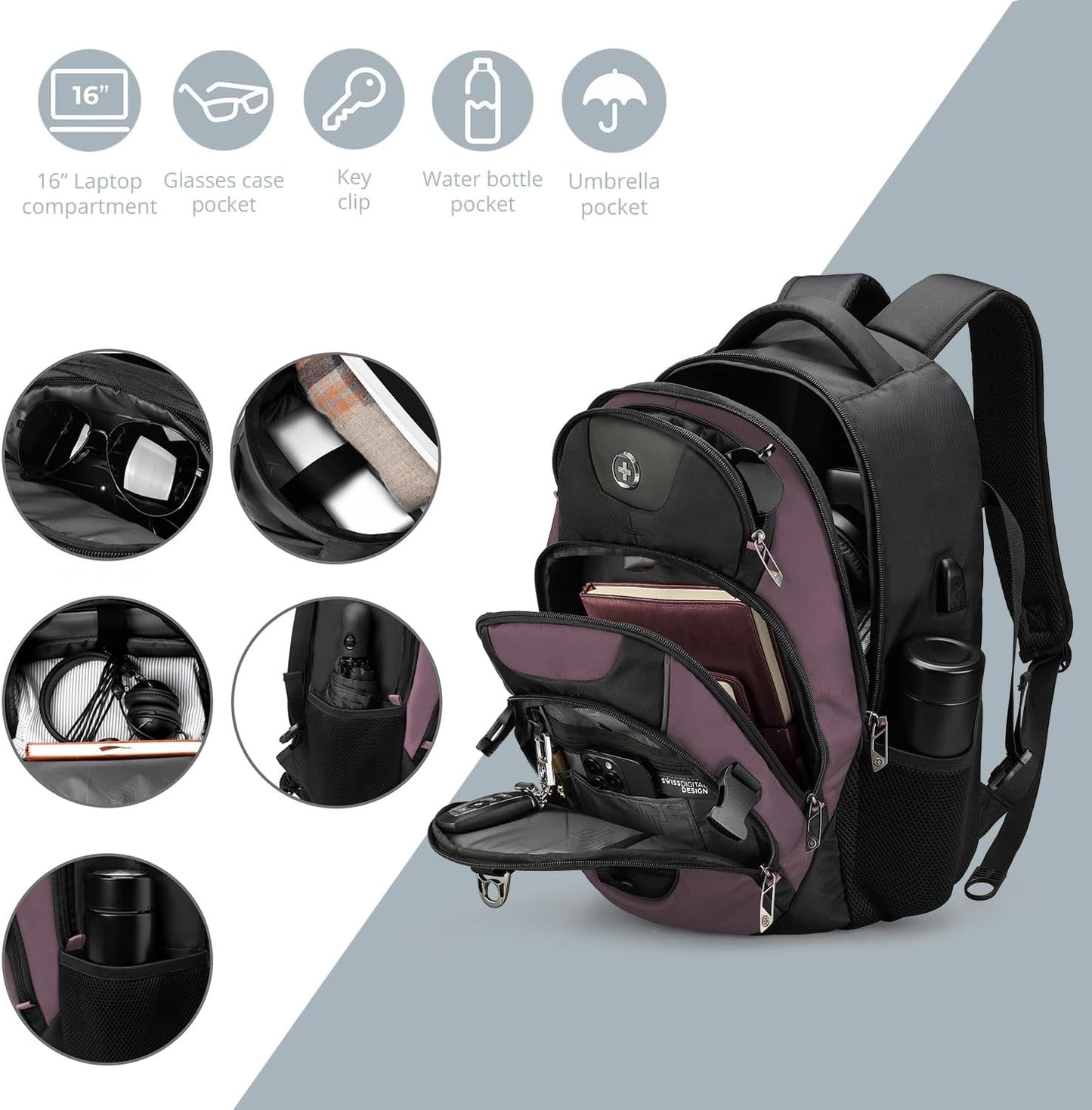 Swissdigital Design Laptop Backpack with USB Charging Port, TSA Travel Backpack Fits 15.6 inches Computer, 31L College School Backpack for Women, Light Purple/Black | SD803