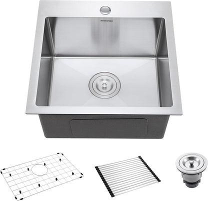 18-Inch Bar Sink Drop-In, SINKVINE Stainless Steel Kitchen Sink for Laundry Outdoor, RV, Top Mounted with Deep Single Bowl, 3.5" Drain Strainer, Bottom Rise Grid, Roll-up Drying Unit, 18 x 18 inch