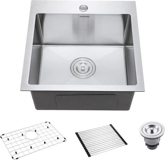 18-Inch Bar Sink Drop-In, SINKVINE Stainless Steel Kitchen Sink for Laundry Outdoor, RV, Top Mounted with Deep Single Bowl, 3.5" Drain Strainer, Bottom Rise Grid, Roll-up Drying Unit, 18 x 18 inch
