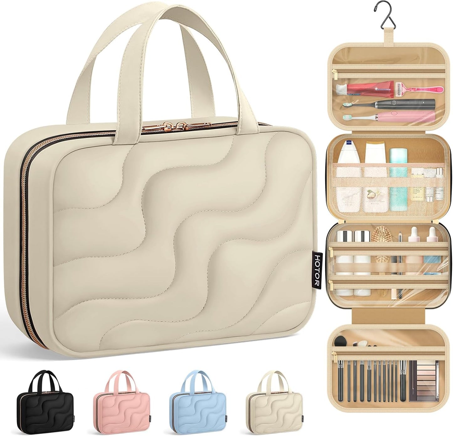 HOTOR Hanging Toiletry Bag - Spacious Travel Toiletry Bag for Women & Men, Multi-Pocket Makeup Organizer, Travel & Cruise Essentials for Business Trip, Gym, Beige, 12.6" x 9.9" x 4.3"