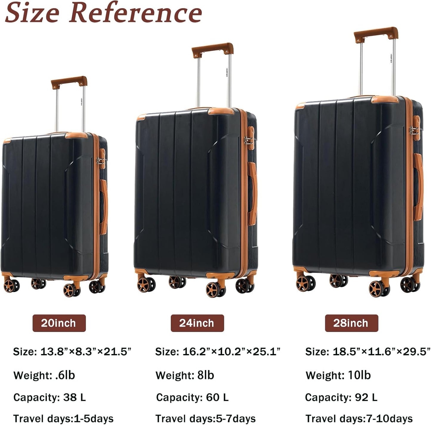 Merax Luggage Sets 3 Piece Hardshell 8 Spinner Wheels Lightweight Suitcase Corner Guards Travel Luggage (Black brown 20IN 24IN 28IN)