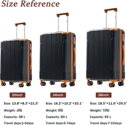 Merax Luggage Sets 3 Piece Hardshell 8 Spinner Wheels Lightweight Suitcase Corner Guards Travel Luggage (Black brown 20IN 24IN 28IN)