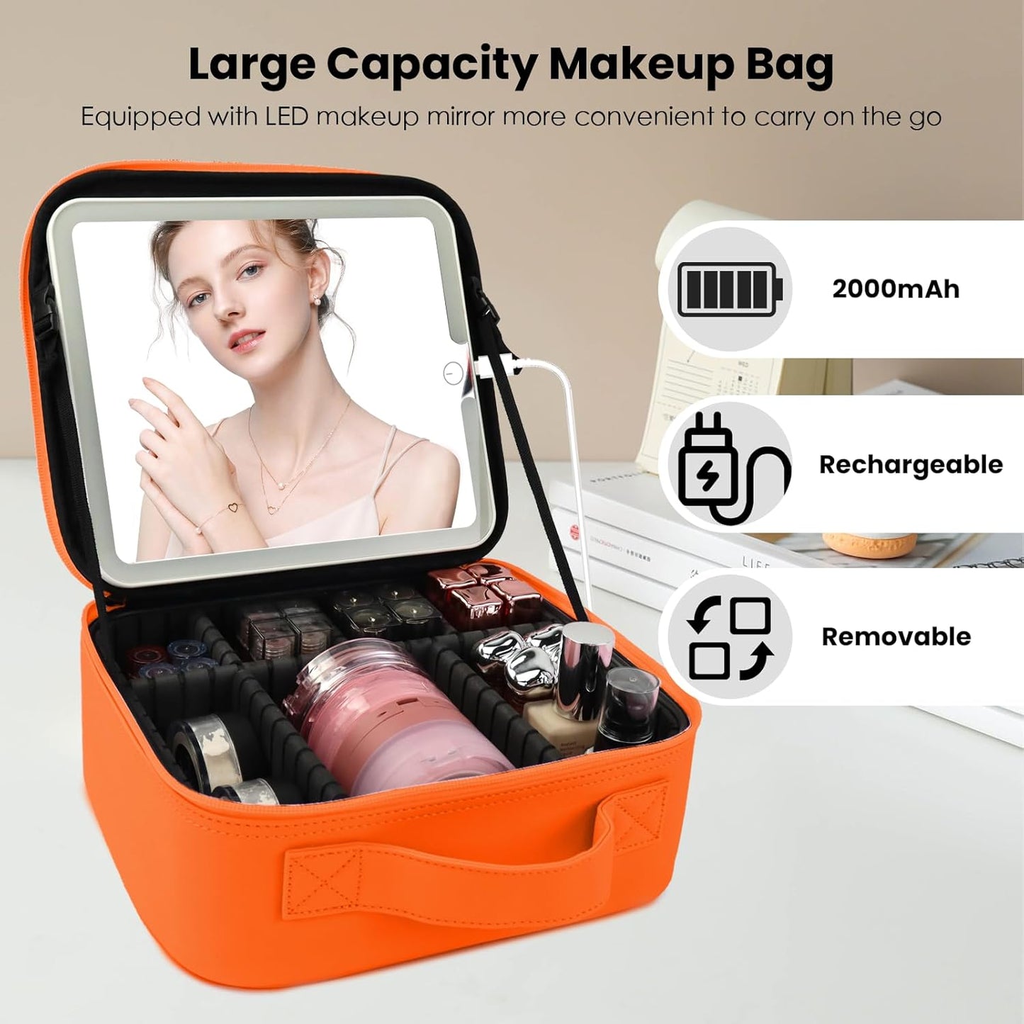 Travel Makeup Bag with LED Mirror and Light Travel Makeup Case Cosmetic Organizer Portable Cosmetic Brush Organizer Bag with Adjustable Dividers for Cosmetics Makeup Brushes Toiletry (Orange)