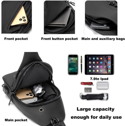 Waterproof Sling Bags Mens Shoulder Crossbody Backpack with USB Charging Port& Headphone,Outdoor Lightweight Bag
