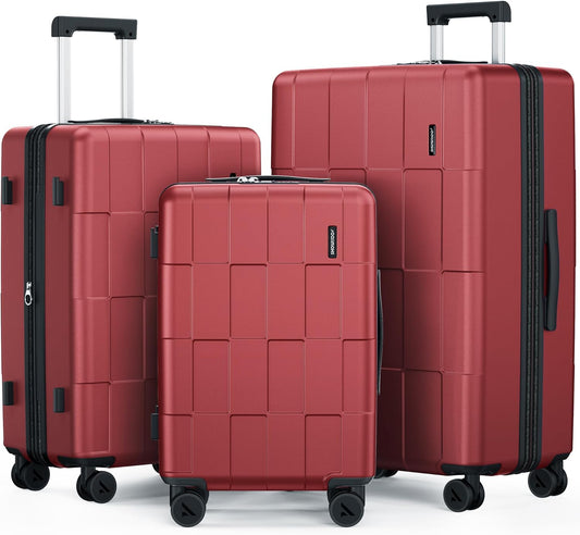 SHOWKOO Luggage Sets 3 Piece Hardside Expandable Lightweight PC Suitcase Sets with Double Spinner Wheels TSA Lock, Wine Red